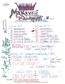 Tupac Shakur Handwritten & Sketched Pre-Released Title List For "Makaveli" Album - (JSA)